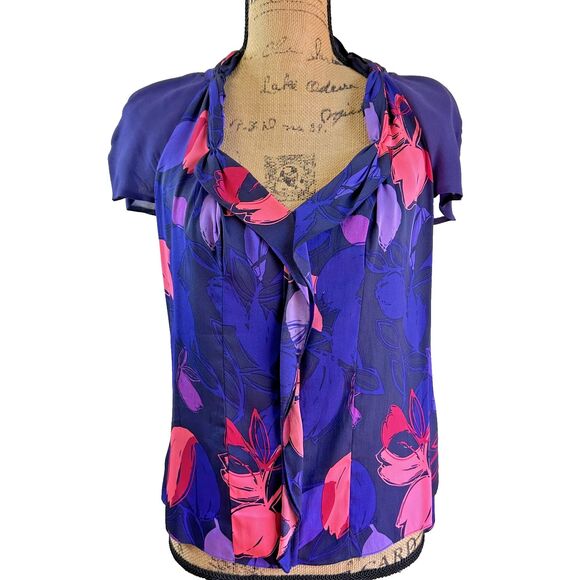 Elie Tahari Women's Blue Purple Floral Front Ruffle Short Sleeve Blouse Sz S - Picture 1 of 15